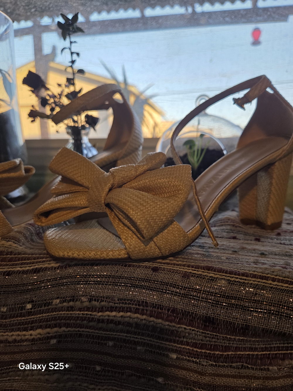 Stuart Weitzman Designer Pale Yellow Woven Bow Block Heel Sandals